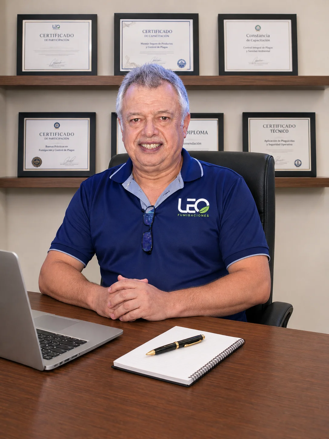 Luis Orellana en su oficina, rodeado de certificaciones de capacitación en control de plagas